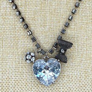 Betsey Johnson Rare Crystal Heart Pendant Necklace W/ Bow & Flower Charm